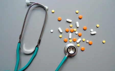 Стетоскоп и таблетки лежат на столе